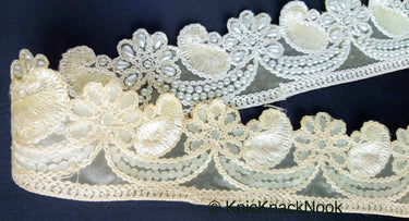 Gold Sheer Fabric Trim Beige Floral Embroidery And Off White Pearl, Scallops Wedding Trim, Bridal Trim